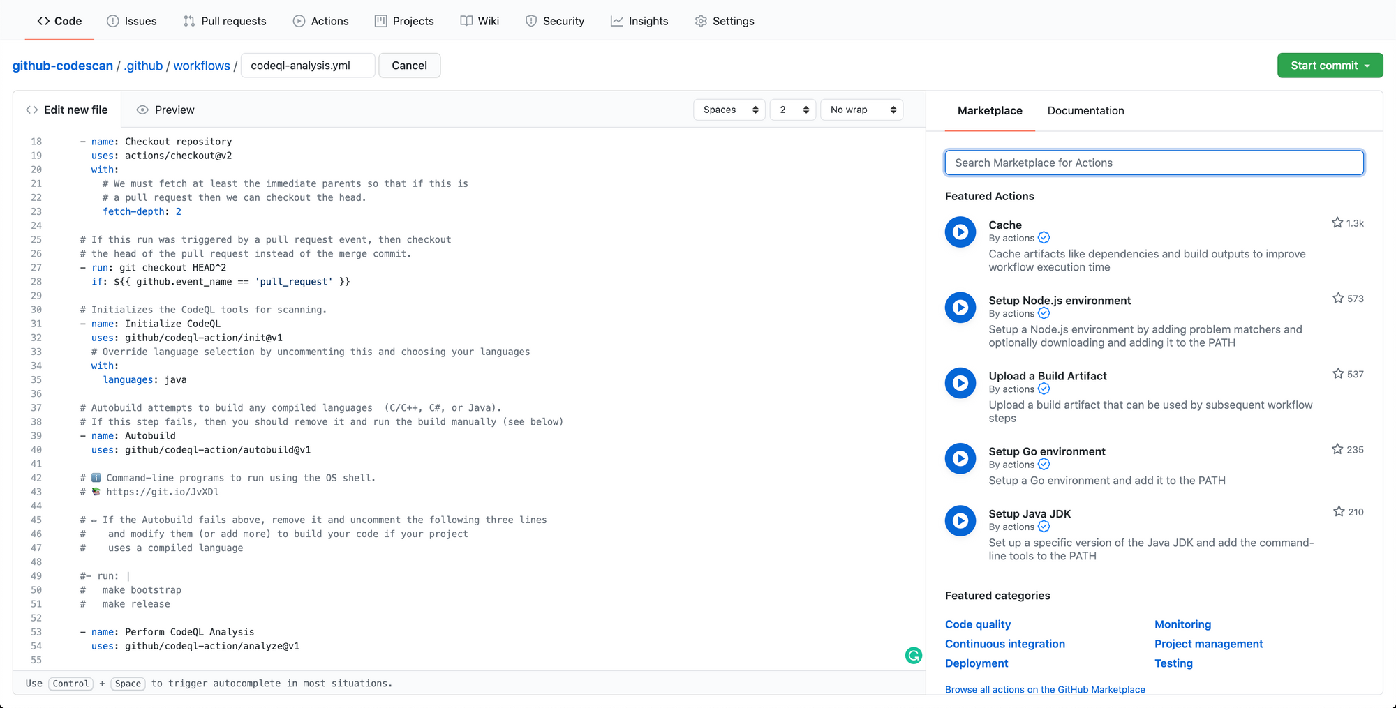 CodeQL Workflow setup screen