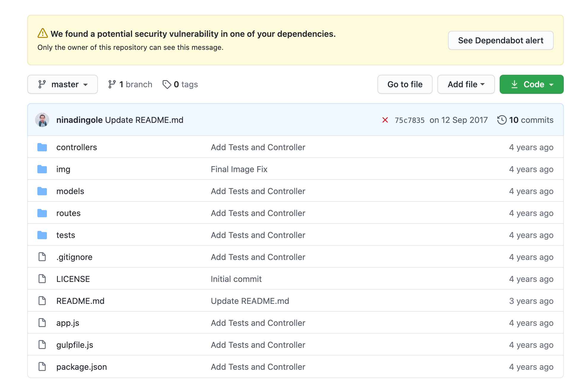 Dependabot alerts for a vulnerable dependency in the repository
