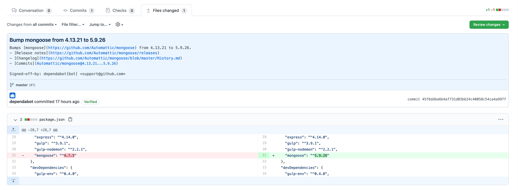 Diff for <code>package.json</code>