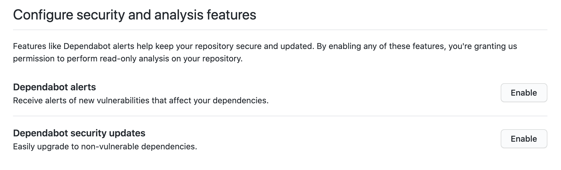 Configuration screen for dependabot alerts